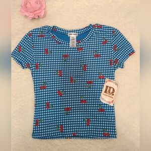 Blue Checkered gingham with Cherry Print Womens Teen Girly Picnic Baby Tee NWT